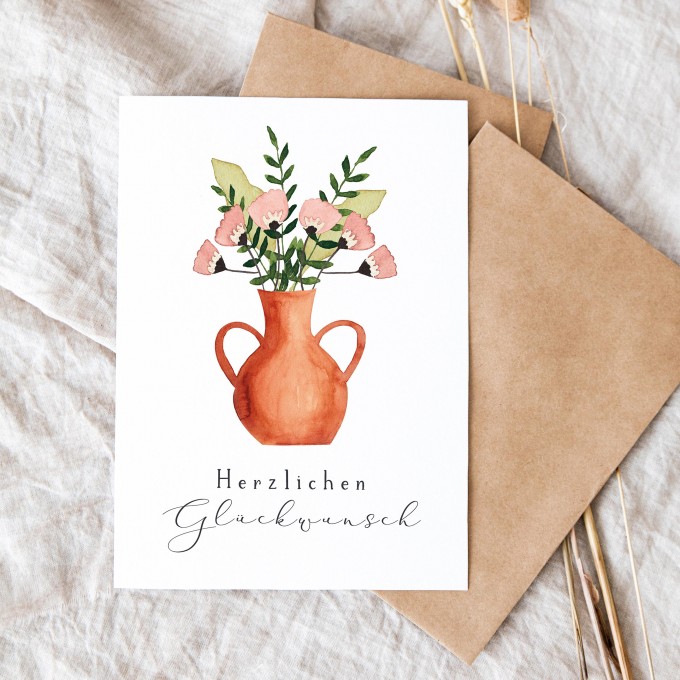 Paperlandscape | Aquarell Faltkarte "Blumen in Vase" | Herzlichen Glückwunsch