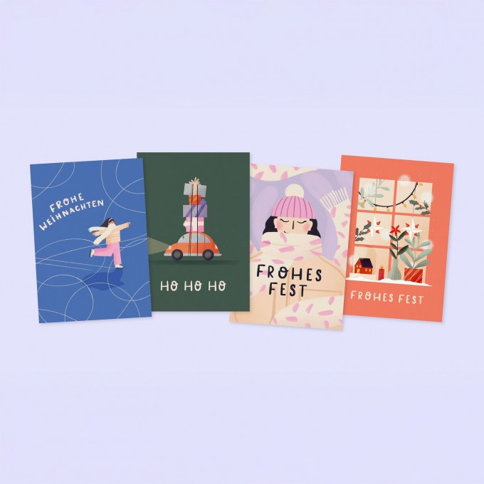 Frohes Fest / 4er Postkartenset / Svea Hansohn Illustration