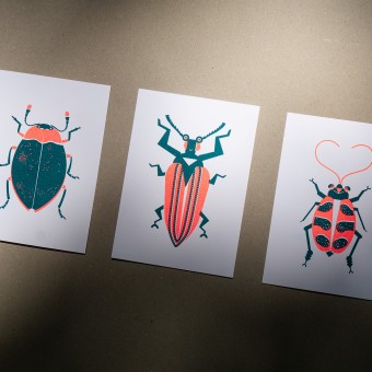 3er Set Grußkarten "Bugs-Lover" Riso Art Print, neon orange