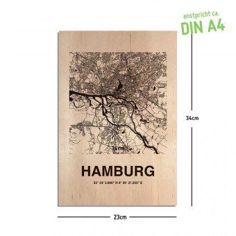 Stadtliebe® | Hamburg Holz Gravur „Stadtplan“ A4 oder A5