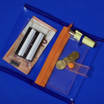 Durchsichtige Tabaktasche – auch als Geldbörse oder Necessaire nutzbar - Orange & Blau – Pikto3000