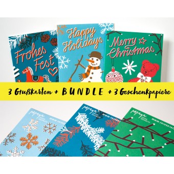 BUNDLE // 3 süße Weihnachtskarten mit passendem Geschenkpapier // Papaya paper products