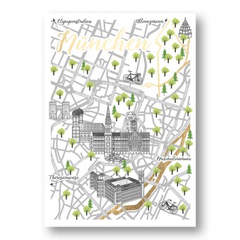 Martina Olonschek | Stadtkarte Straßenkarte Postkarte München mit Goldfolie | 4er-Set