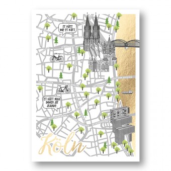Martina Olonschek | Stadtkarte Straßenkarte Postkarte Köln mit Goldfolie | 4er-Set