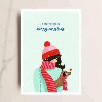 Weihnachtskarte PERFECT MATCH – Hundeliebe, Weihnachten, Frau