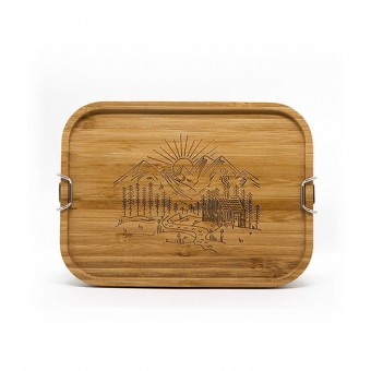 Roadtyping Edelstahl Lunchbox mit Holzschneidebrett als Deckel - Mountain sun