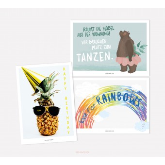 designfeder | Postkarten 3er Set – Happy Birthday, Tanzbär und Rainbow