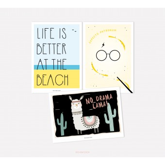 designfeder | Postkarten 3er Set – Beach, Expecto Patronum, No drama lama