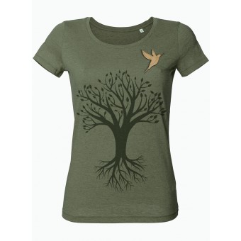 wat? Apparel Baum mit Vogel - T-Shirt Damen mit Holzbrosche