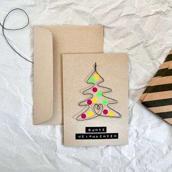 TYPOP Weihnachtskarte „Bunte Weihnachten" Klappkarte mit Drahtbaum, Klebepunkten und Umschlag