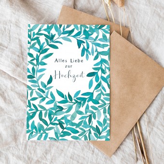 Paperlandscape | Aquarell Grußkarte "Alles Liebe zur Hochzeit türkise Blätter" | A6 Hochzeitskarte | botanisch
