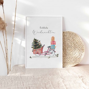 Paperlandscape | Aquarell Kunstdruck "Weihnachtsfahrrad" Weihnachtsposter | verschiedene Größen