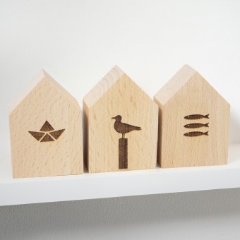 Bow & Hummingbird 3er Set kleine Deko-Holzhäuschen Schiffchen-Möwe-Fische