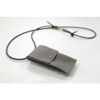 Lapàporter – iPhone Hülle zum Umhängen mit geflochtener Lederkordel und abnehmbarer Tasche, grau/gold
