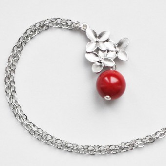 na.hili KETTE Kirschblüten *Weißgold* rote Koralle silberne Gliederkette 925 Silber
