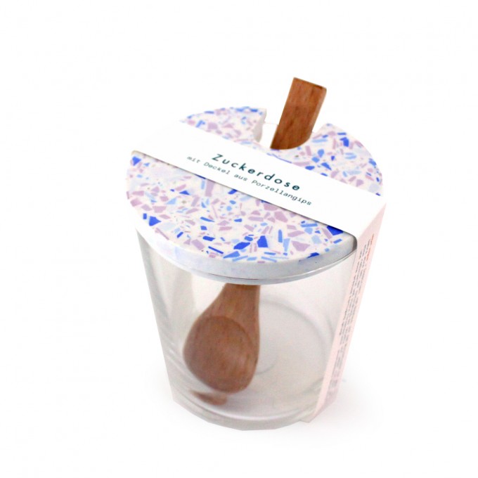 objet vague / Terrazzo Zuckerdose mit Holzlöffel / creme-lila