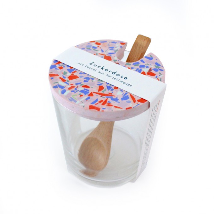 objet vague / Terrazzo Zuckerdose mit Holzlöffel / rosa