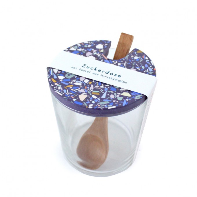 objet vague / Terrazzo Zuckerdose mit Holzlöffel / violett