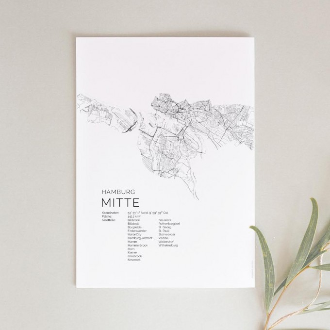 Hamburg Mitte Karte als hochwertiger Print - Posterdruck im skandinavischen Stil von Skanemarie