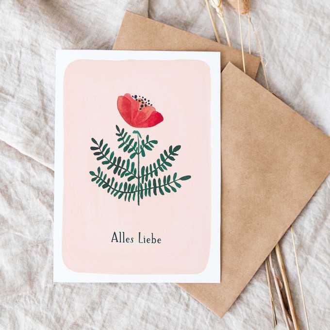 Paperlandscape | Faltkarte "Alles Liebe" | botanisch | Pflanzen | Aquarell Wildblume rot
