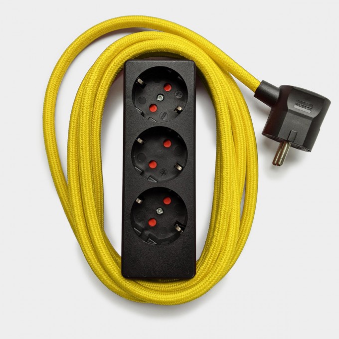 Njustudio schwarze Steckerleiste mit 3m Textilkabel (yellow)