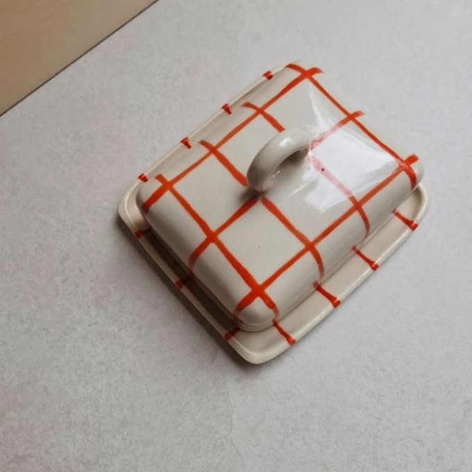Skelini - Keramik Butterdose handgemacht orange mit Henkel