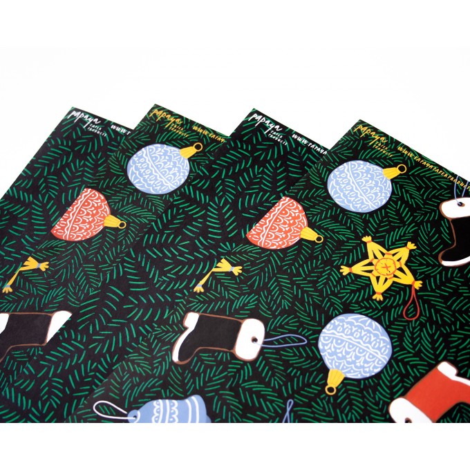 4er Set Geschenkpapier Tannengrün & Christbaumschmuck // Papaya paper products