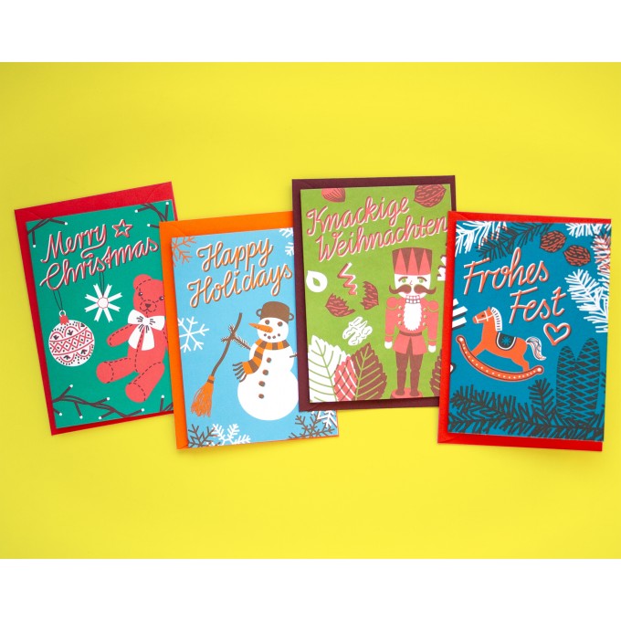 4er Set Weihnachtskarten illustriert // Papaya paper products