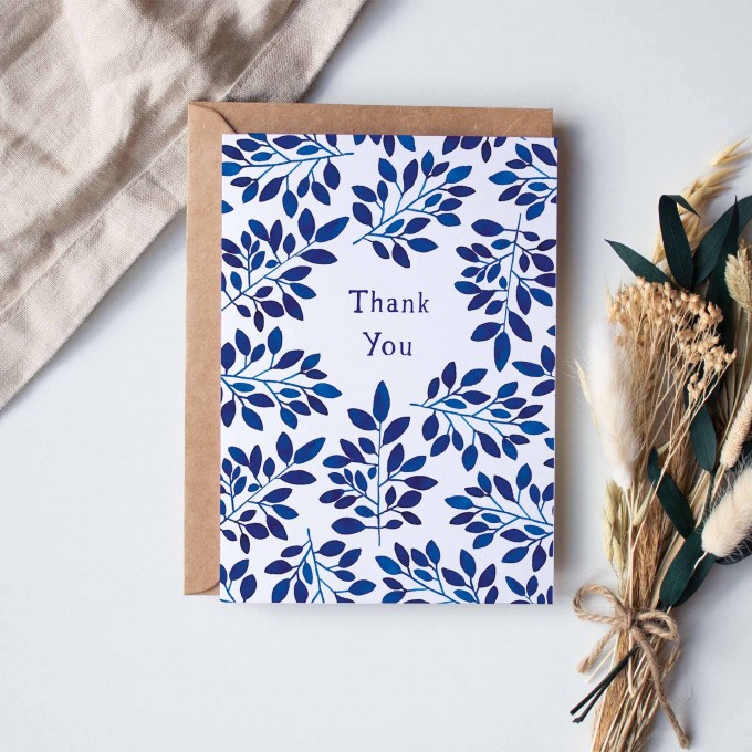 Paperlandscape | Faltkarte "Thank You blaue Blätter" | botanisch | Pflanzen