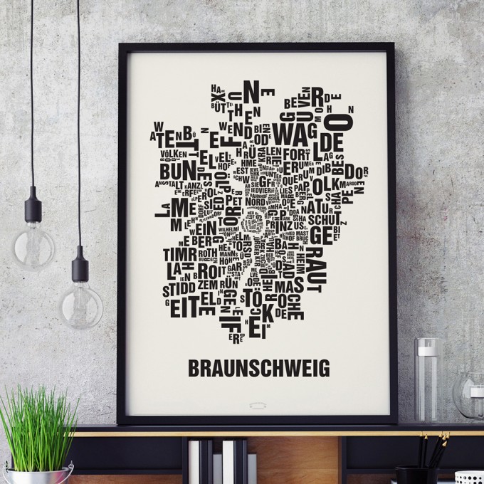 Buchstabenort Braunschweig Stadtteile-Poster Typografie Siebdruck