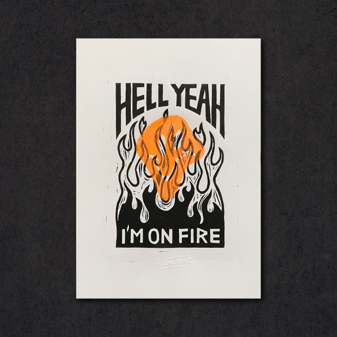 Juliana Fischer - Hell Yeah - Linoldruck - Neonorange - DIN A4