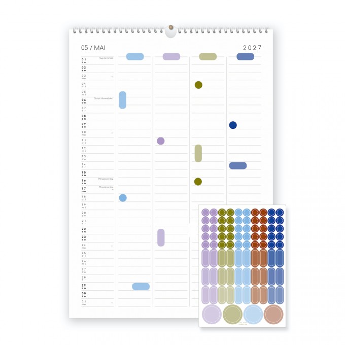 Familienkalender 2027, DIN A3 mit 5 Spalten, Kalender mit Aufklebern - SANS.
