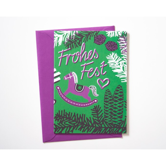 Weihnachtskarte »Frohes Fest« grün/lila // Papaya paper products