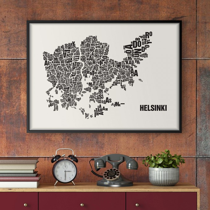 Buchstabenort Helsinki Stadtteile-Poster Typografie Siebdruck