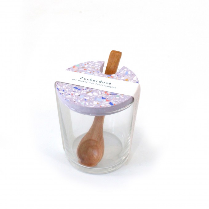 Terrazzo Zuckerdose mit Holzlöffel / Flieder / objet vague