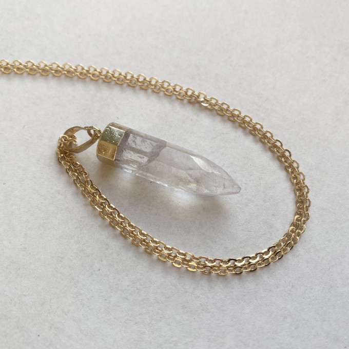nahili KETTE UNIKAT "Bergkristall" mit goldener langer Gliederkette, Gelbgold 14K 