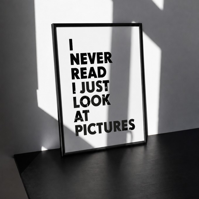 Handgefertigter Linoldruck »I never read, I just look at pictures« Limited Edition, Andy Warhol Zitat  A4