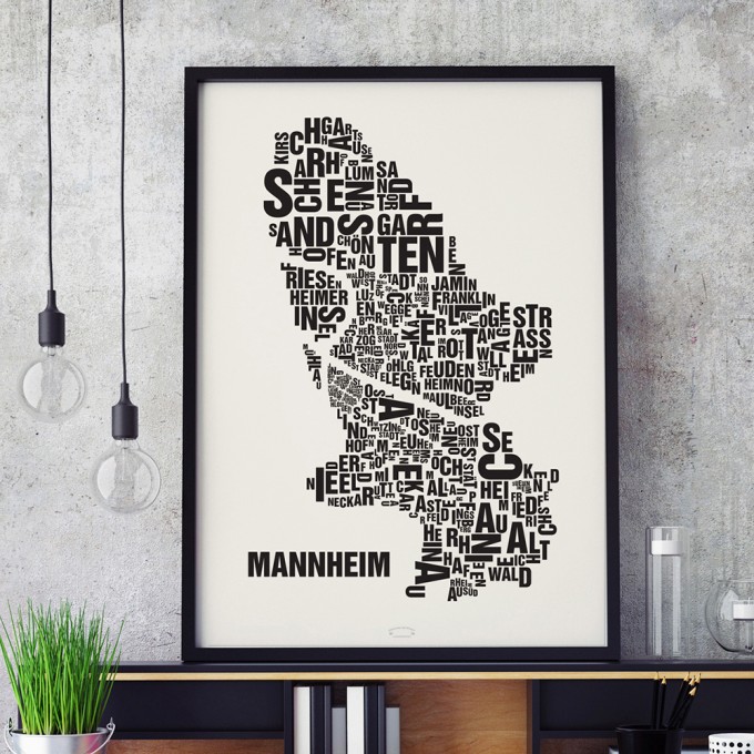 Buchstabenort Mannheim Stadtteile-Poster Typografie Siebdruck