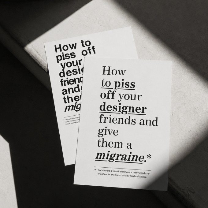 »How to piss off your designer friends and give them a migraine« Postkartenset, fünf Stück – The True Type