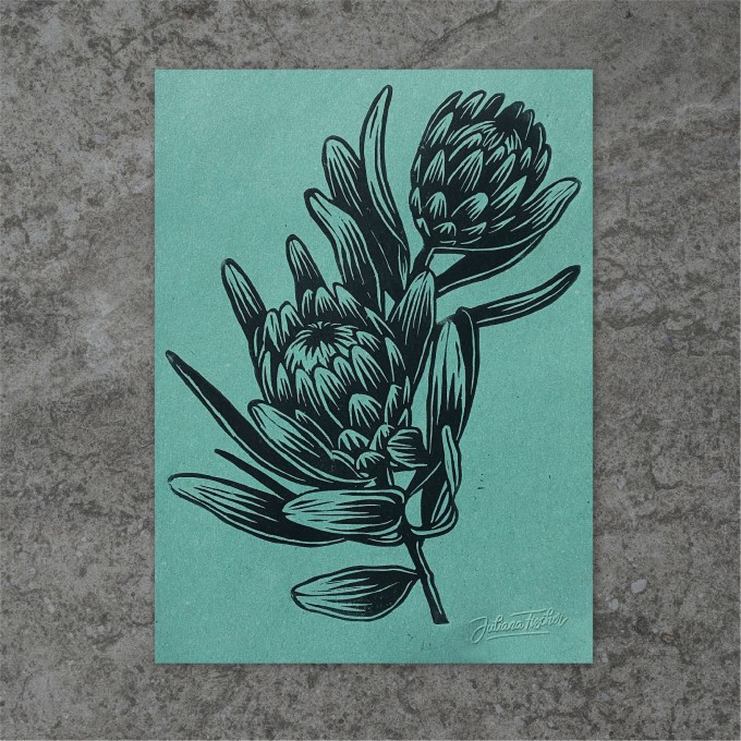 Juliana Fischer - Protea - Linoldruck, blaugrün, DIN A4
