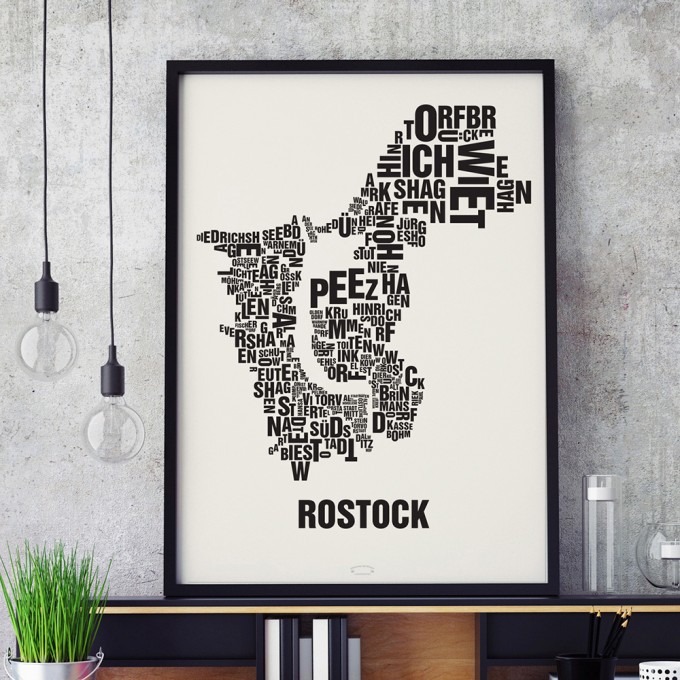 Buchstabenort Rostock Stadtteile-Poster Typografie Siebdruck 