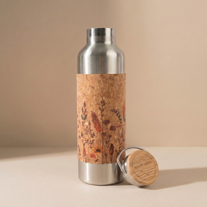 Edelstahl-Trinkflasche 750 ml mit Kork-Print – Salty Mind