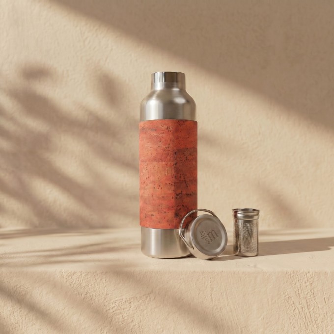 Edelstahl-Trinkflasche 750 ml mit Korksleeve und Teesieb – Salty Mind