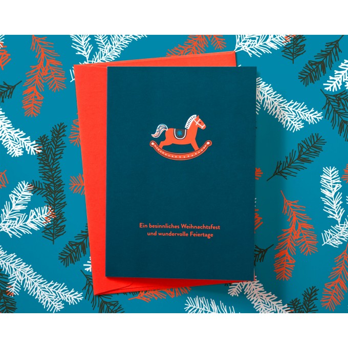 Süße Weihnachtskarte mit Schaukelpferd // Papaya paper products