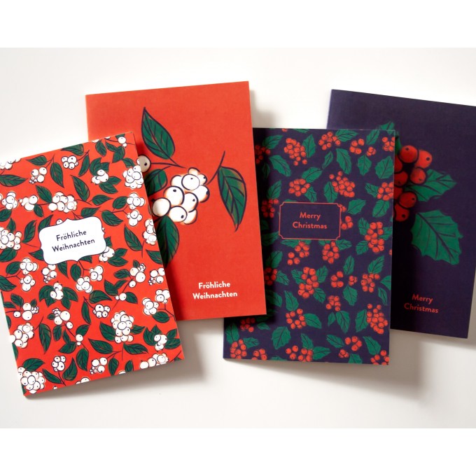 4er Set Weihnachtskarten Schneebeeren & Stechpalme // Papaya paper products