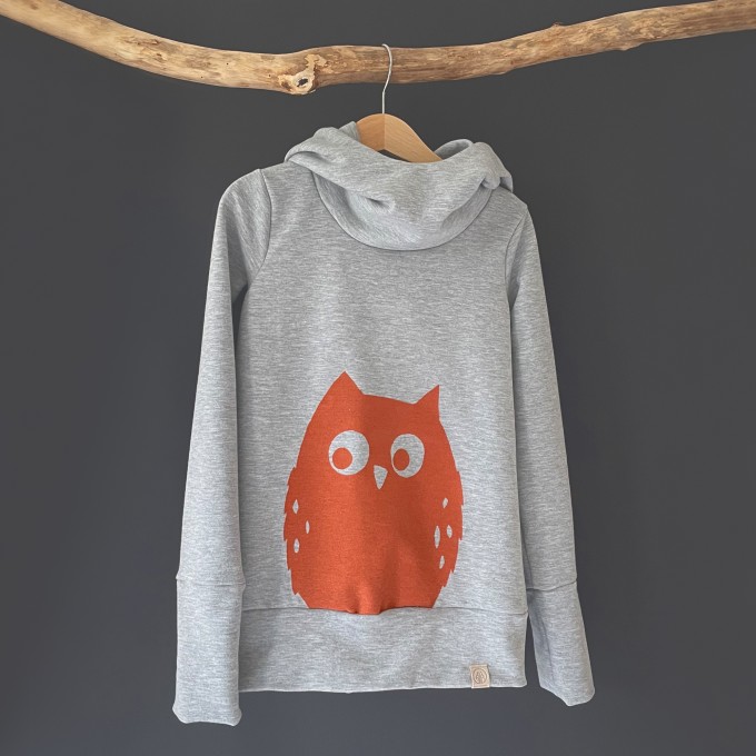 Wunschbrunnen | Kuschelhoodie "(E)ule" | kids | Grau meliert/Rost
