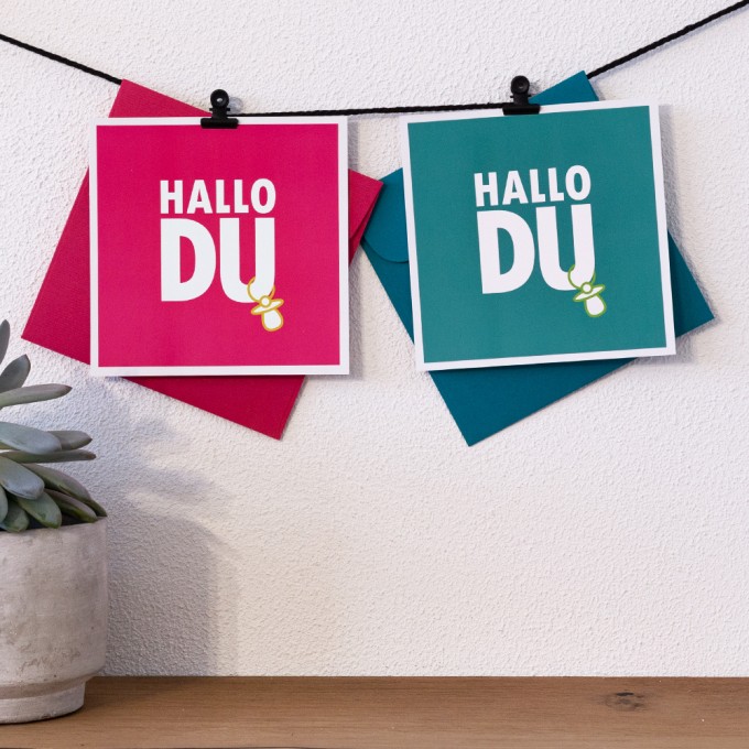 TYPOP 2-teiliges Set Babykarte "Hallo Du" Türkis + Pink quadratisch inkl. Umschläge