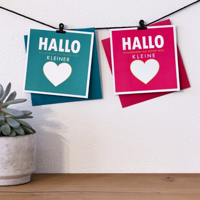 TYPOP 2-teiliges Set Babykarte "Willkommen auf dieser Welt" Türkis + Pink quadratisch inkl. Umschläge