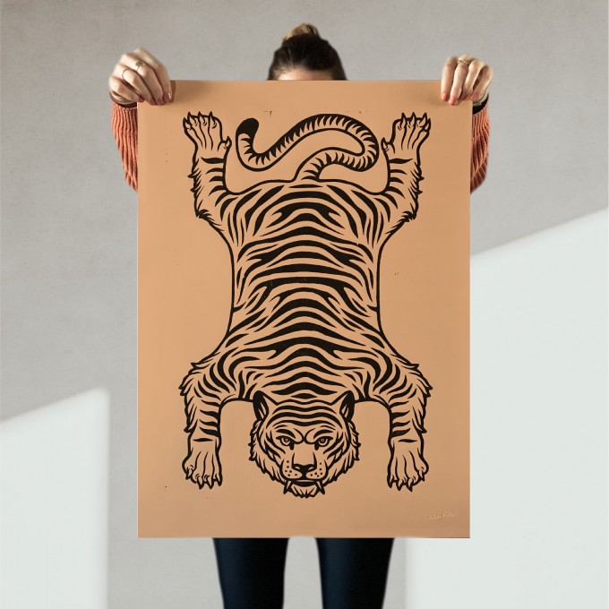 Juliana Fischer - Tiger - Linoldruck, Ocker, 50x65 cm