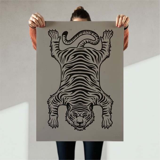 Juliana Fischer - Tiger - Linoldruck, Warmgrau meliert, 50x65 cm